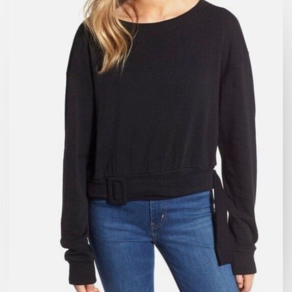 BP Belted Hem Sweatshirt Soft Fleece Long Sleeve Pullover Black Size 1X - Picture 1 of 8